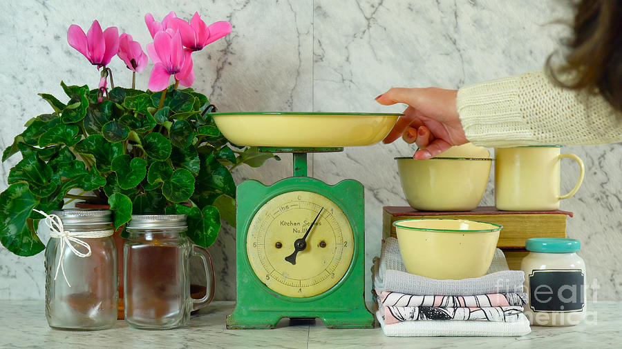 Vintage kitchen scale decor with farmhouse style kitchenware. #3 Photograph by Milleflore Images