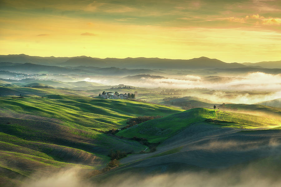 Volterra foggy panorama, rolling hills and green fields on sunse #3 Photograph by Stefano Orazzini