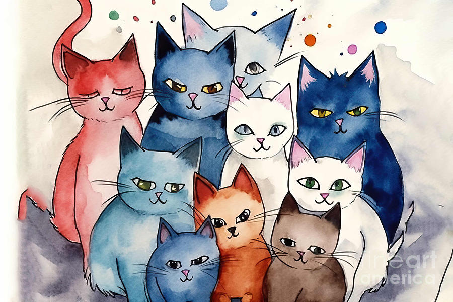 Animal Painting - Watercolor illustration of cartoon cats. #3 by N Akkash
