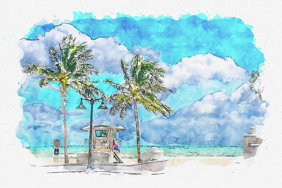 Watercolor painting illustration of Seafront beach promenade with palm trees in Fort Lauderdale Digital Art by Maria Kray