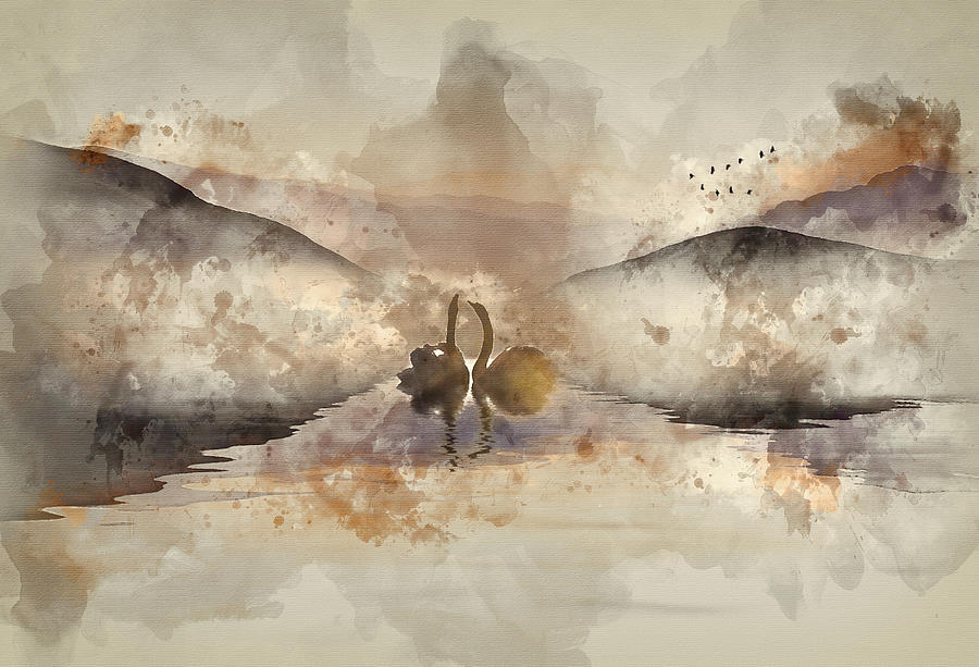 Watercolor Painting Of Beautiful Romantic Image Of Swans On Mist Digital Art