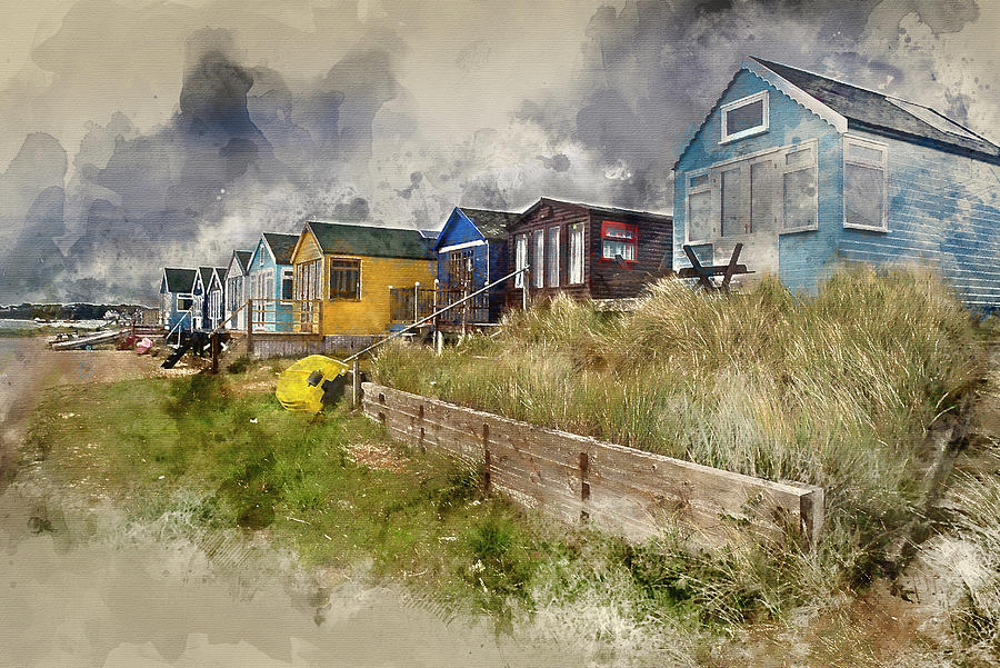 Summer Digital Art - Watercolor painting of Lovely beach huts on sand dunes and beach #3 by Matthew Gibson