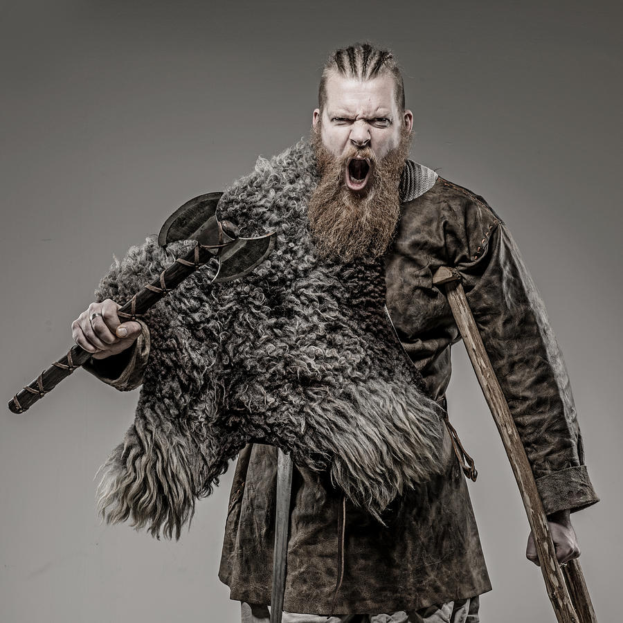 Weapon wielding viking warrior king alone in studio shoot #3 Photograph by Lorado