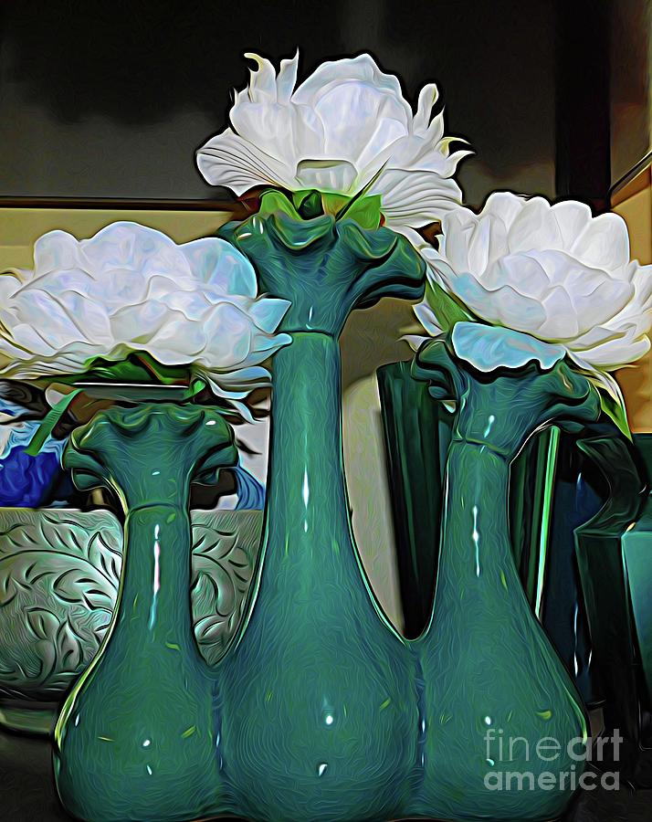 3 White Flowers in Green Vases Abstract Expressionism Effect Photograph by Rose Santuci-Sofranko