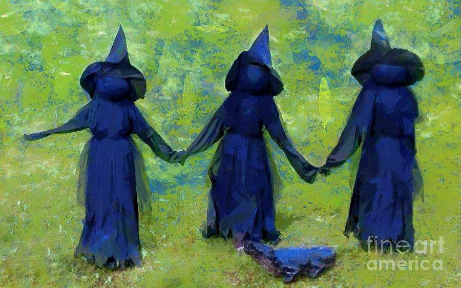 3 Witches Dance Halloween Painting by Janine Riley