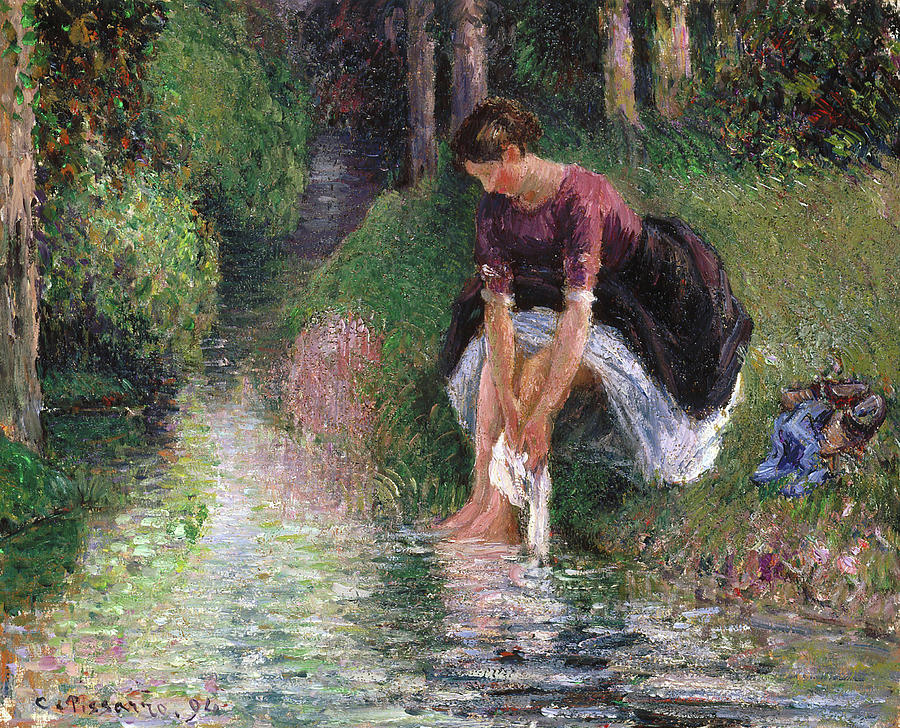 Camille Pissarro Painting - Woman Washing Her Feet in a Brook #3 by Camille Pissarro