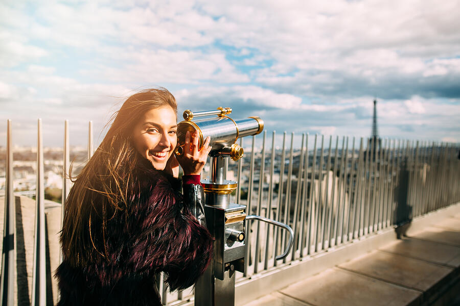 Young beautiful woman on observation deck #3 Photograph by Filadendron