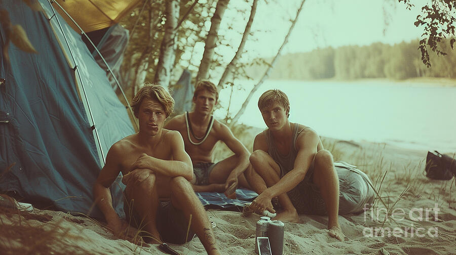 3 young men picnic on a Scandinavian beach camp by Asar Studios Painting by Celestial Images
