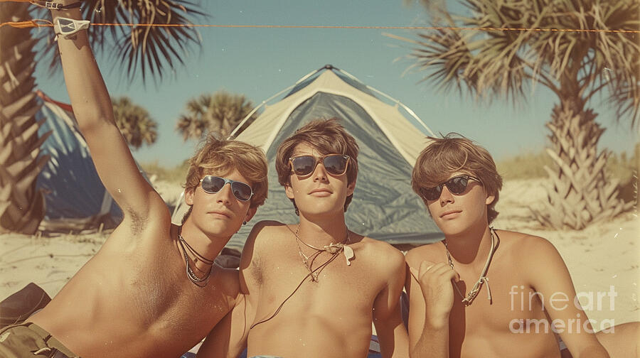 3 young men picnic on a tropical beach camping  by Asar Studios Painting by Celestial Images