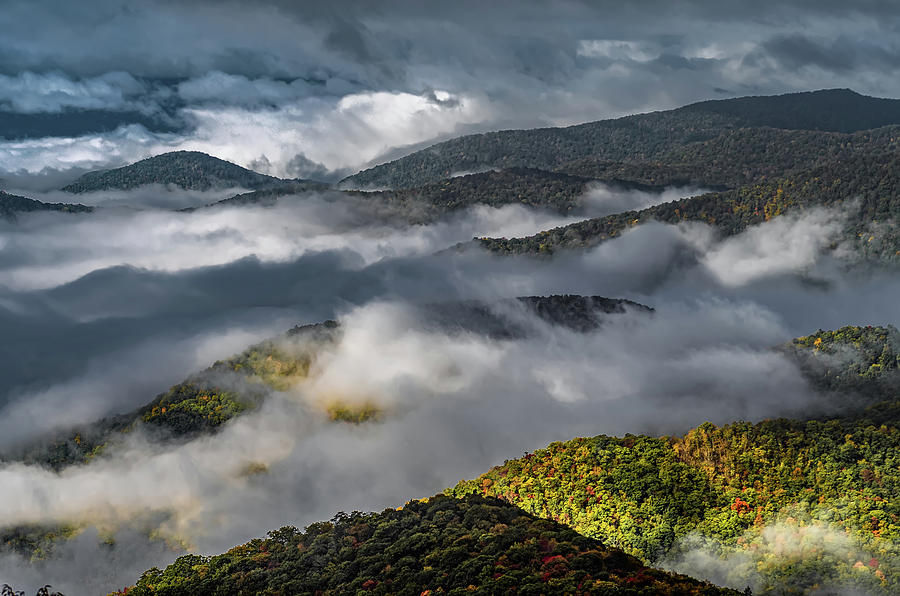 Early Morning Autumn Foggy Photo At Blue Ridge Parkway North Car #31 Photograph by Alex Grichenko