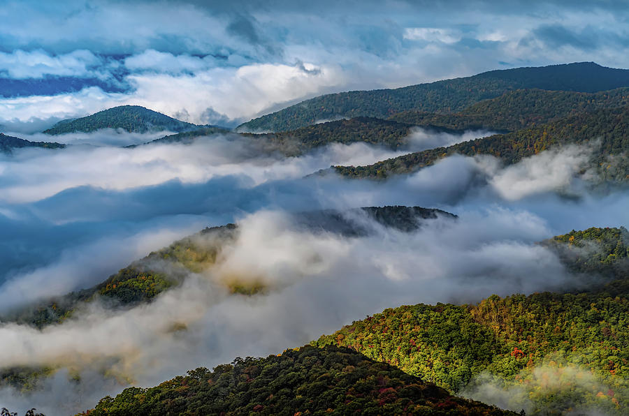 Early Morning Autumn Foggy Photo At Blue Ridge Parkway North Car #32 Photograph by Alex Grichenko