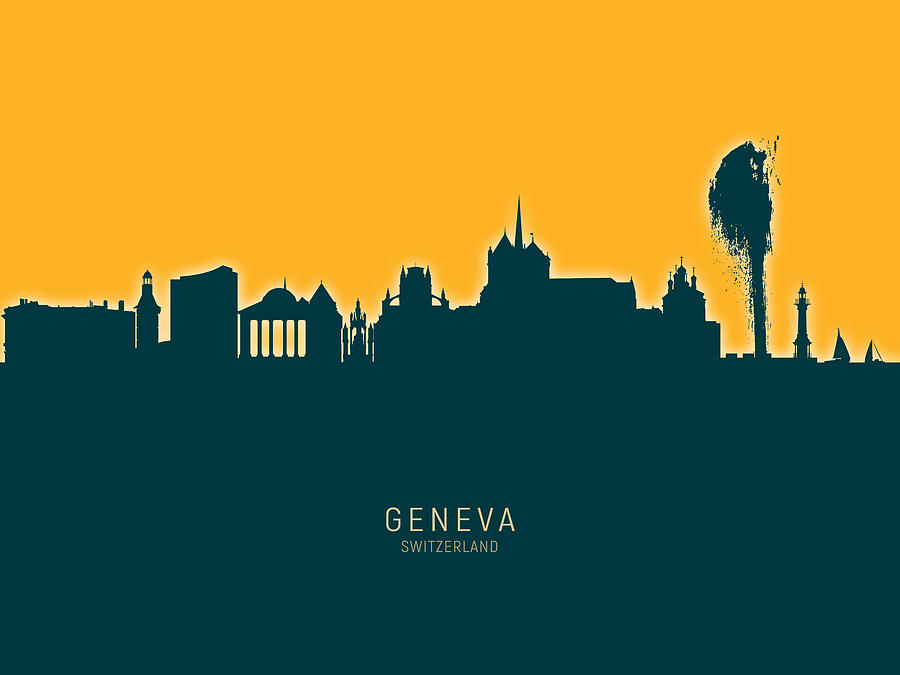 Skyline Digital Art - Geneva Switzerland Skyline #34 by Michael Tompsett