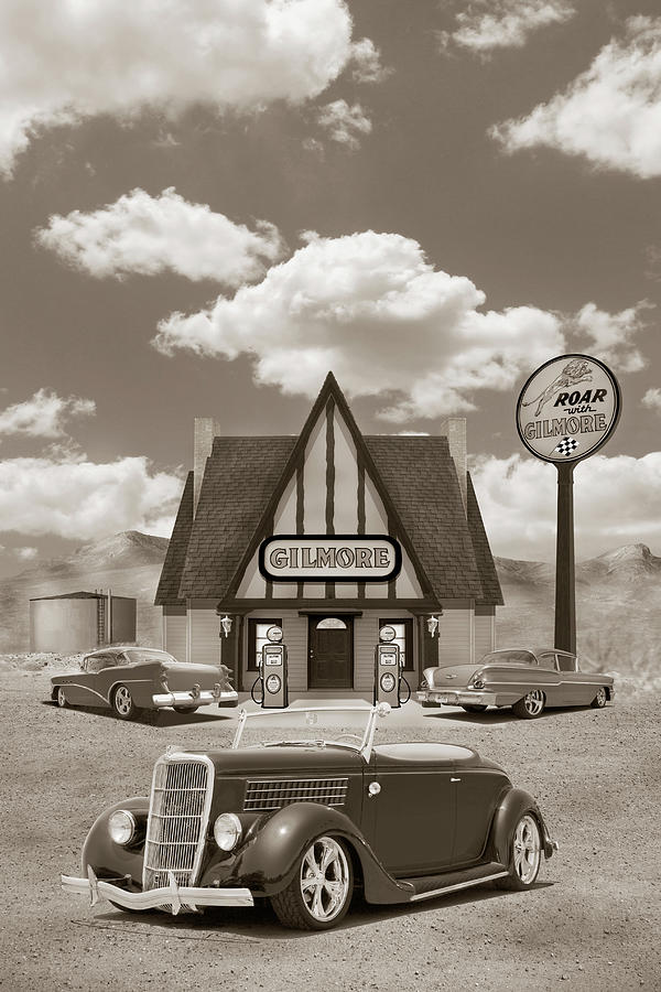 Gas Pumps Photograph - 35 Ford Roadster at the Gilmore Station Sepia by Mike McGlothlen