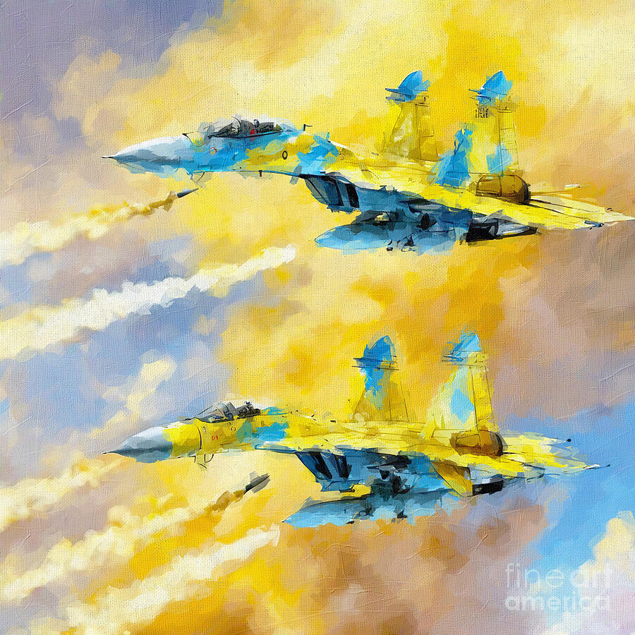 Fighter Jets Painting - 3782 Sukhoi Su 27 Fighters Flanker B Yellow 13 156Th Tactical Fighter Wing Aquila In The Sky Airbus 1 by Edgar Dorice