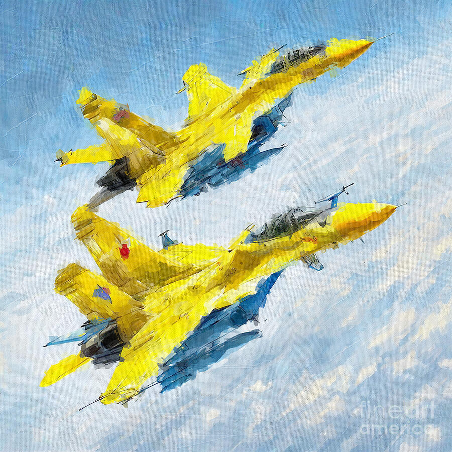 Fighter Jets Painting - 3782 Sukhoi Su 27 Fighters Flanker B Yellow 13 156Th Tactical Fighter Wing Aquila In The Sky Airbus 3 by Edgar Dorice