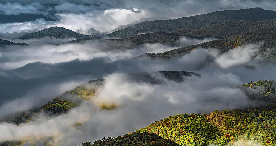 Early Morning Autumn Foggy Photo At Blue Ridge Parkway North Car #38 Photograph by Alex Grichenko