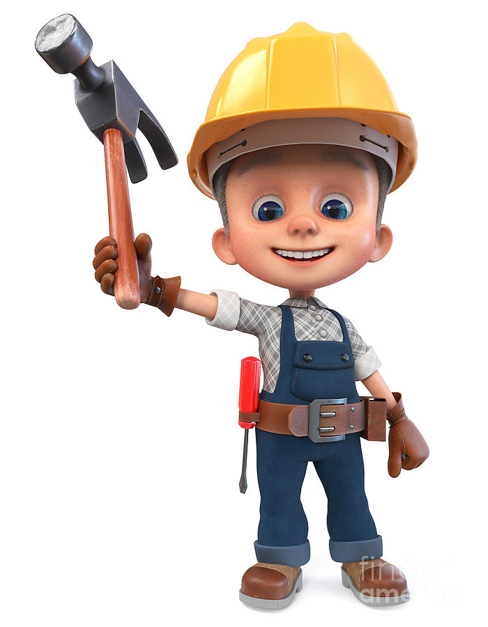 3D illustration funny boy in construction helmet and overalls Digital ...