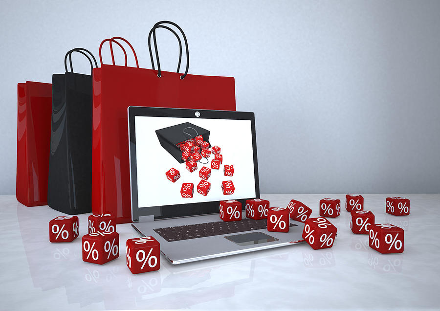 3d illustration, Online shopping, notebook with shopping bags and red cubes Drawing by Westend61