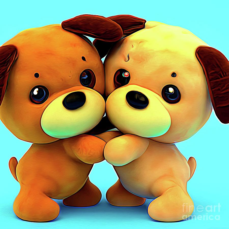 3D Look AI Art 2 Stuffed Animal Puppy Friends Hugging Abstract Expressionism Digital Art by Rose Santuci-Sofranko