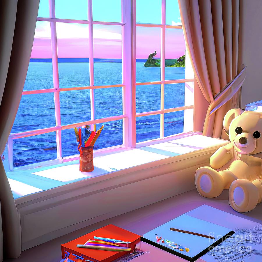 3D Look AI Window and Lake at Sunset with a Teddy Bear and Art Supplies Vibrant City Lights Effect Digital Art by Rose Santuci-Sofranko