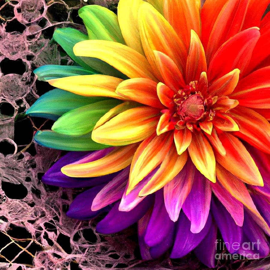Flower Digital Art - 3D Look Artificial Intelligence A Rainbow Colored Dahlia on Eyelet Lace 1 by Rose Santuci-Sofranko