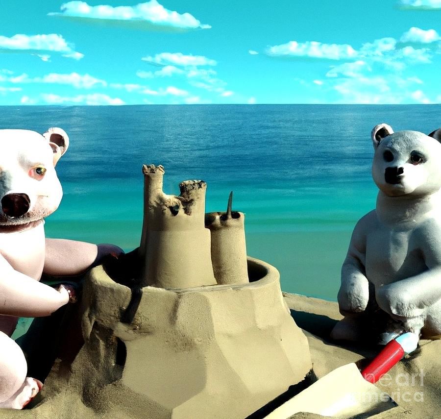3D Look  Artificial Intelligence Art Cute Polar Bears Building a Sandcastle on the Beach Digital Art by Rose Santuci-Sofranko