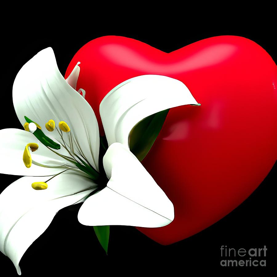 3D Look Artificial Intelligence Art Heart with a White Lily Digital Art by Rose Santuci-Sofranko