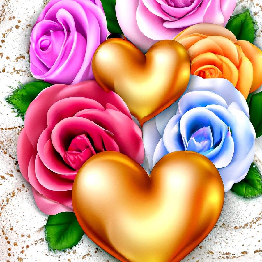 Rose Digital Art - 3D Look Artificial Intelligence Art Multicolored Roses and Golden Hearts on White Lace 2 by Rose Santuci-Sofranko