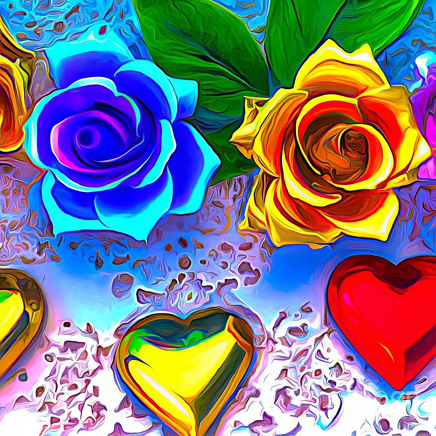 3D Look Artificial Intelligence Art Multicolored Roses and Hearts on Lace Abstract Expressionism Digital Art by Rose Santuci-Sofranko