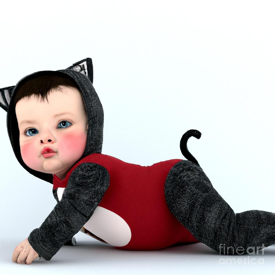 3D Look Artificial Intelligence Art of a Baby In Kitten Costume 2 Digital Art by Rose Santuci-Sofranko
