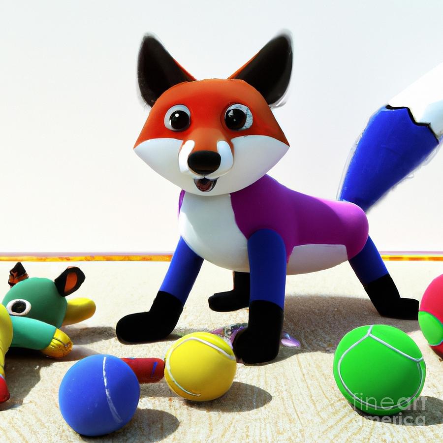3D Look Artificial Intelligence Art of a Cute Colorful Fox Playing with Dog Toys Digital Art by Rose Santuci-Sofranko