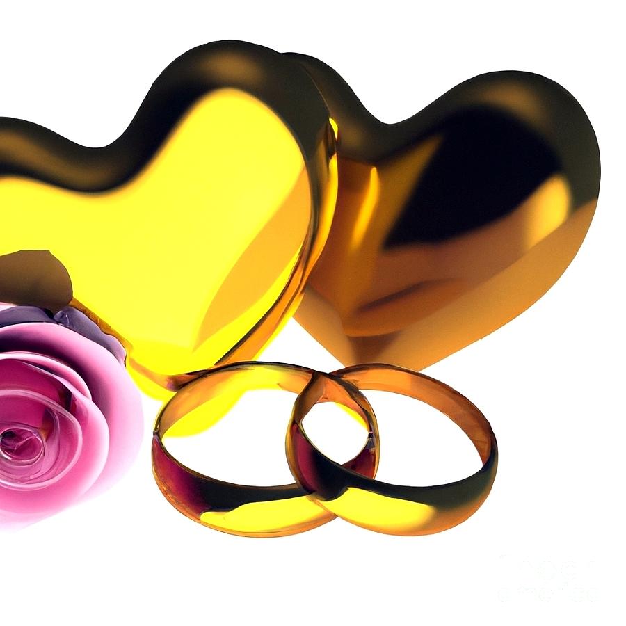 Rose Digital Art - 3D Look Artificial Intelligence Art of Gold Wedding Rings and Hearts with a Pink Rose by Rose Santuci-Sofranko