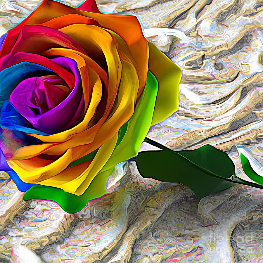 3D Look Artificial Intelligence Art Rainbow Colored Rose on White Lace Abstract Expressionism Digital Art by Rose Santuci-Sofranko