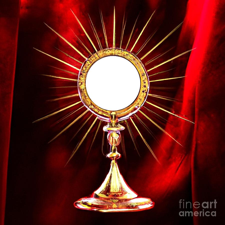 3D Look Artificial Intelligence Blessed Sacrament Host in a  Monstrance on Red Satin 1 Digital Art by Rose Santuci-Sofranko