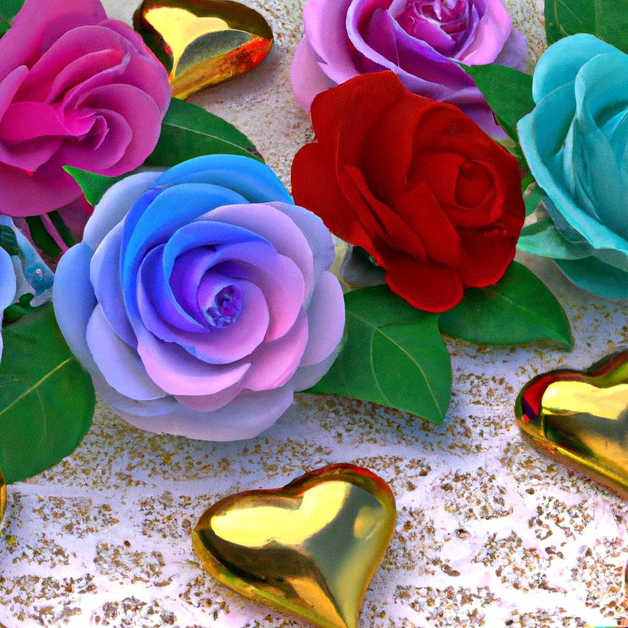 Rose Digital Art - 3D Look Artificial Intelligence Multicolored Roses and Golden Hearts on White Lace 1 by Rose Santuci-Sofranko