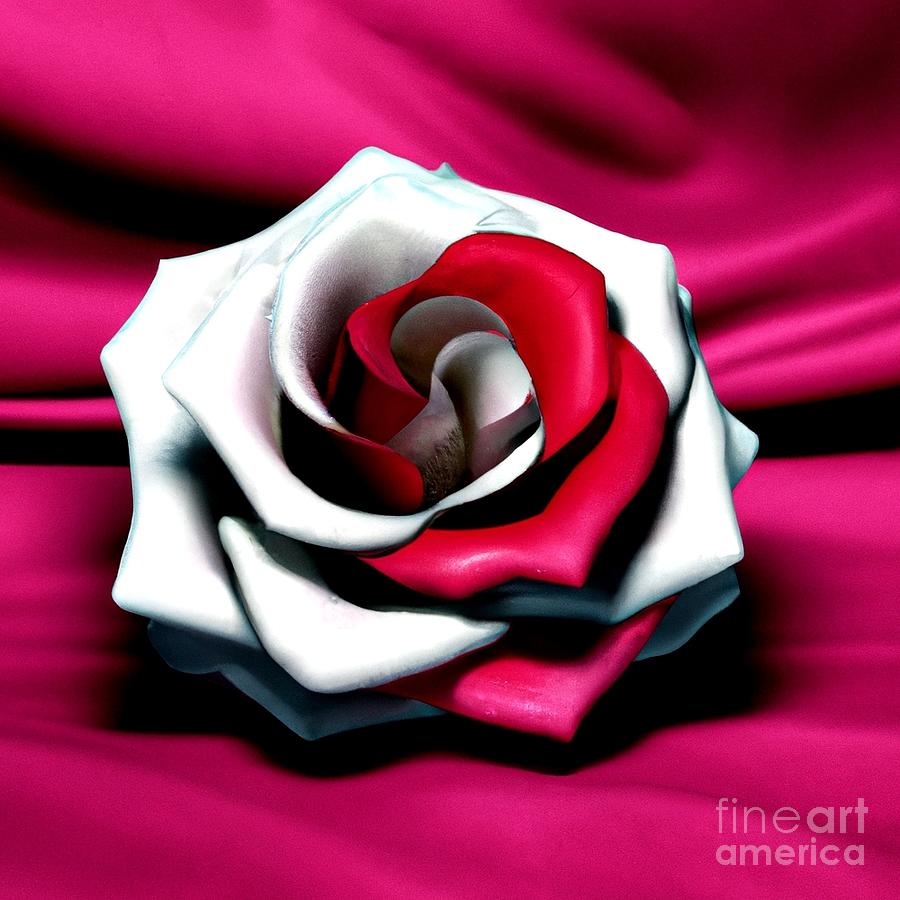 3d Look Artificial Intelligence Red And White Fire And Ice Rose Lying On Fuchsia Satin Digital Art