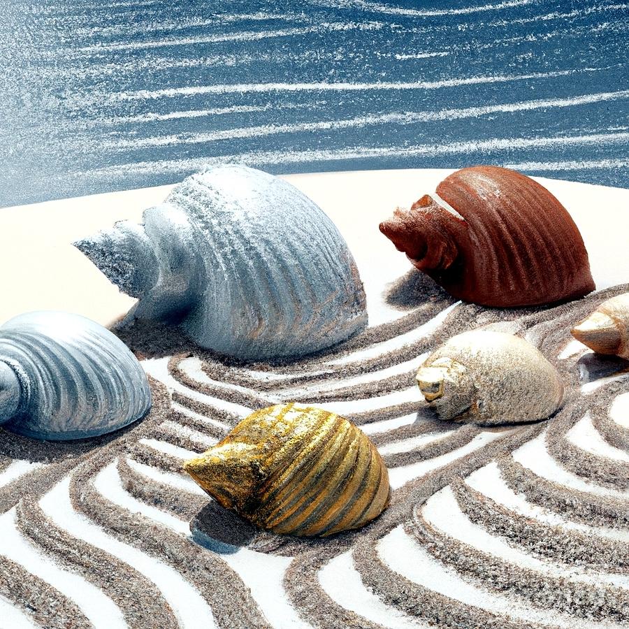 3D Look Artificial Intelligence Seashells on Sand Next to the Ocean 1 Digital Art by Rose Santuci-Sofranko