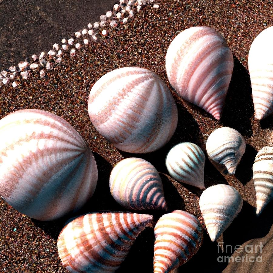 3D Look Artificial Intelligence Seashells on Sand Next to the Ocean 2 Digital Art by Rose Santuci-Sofranko