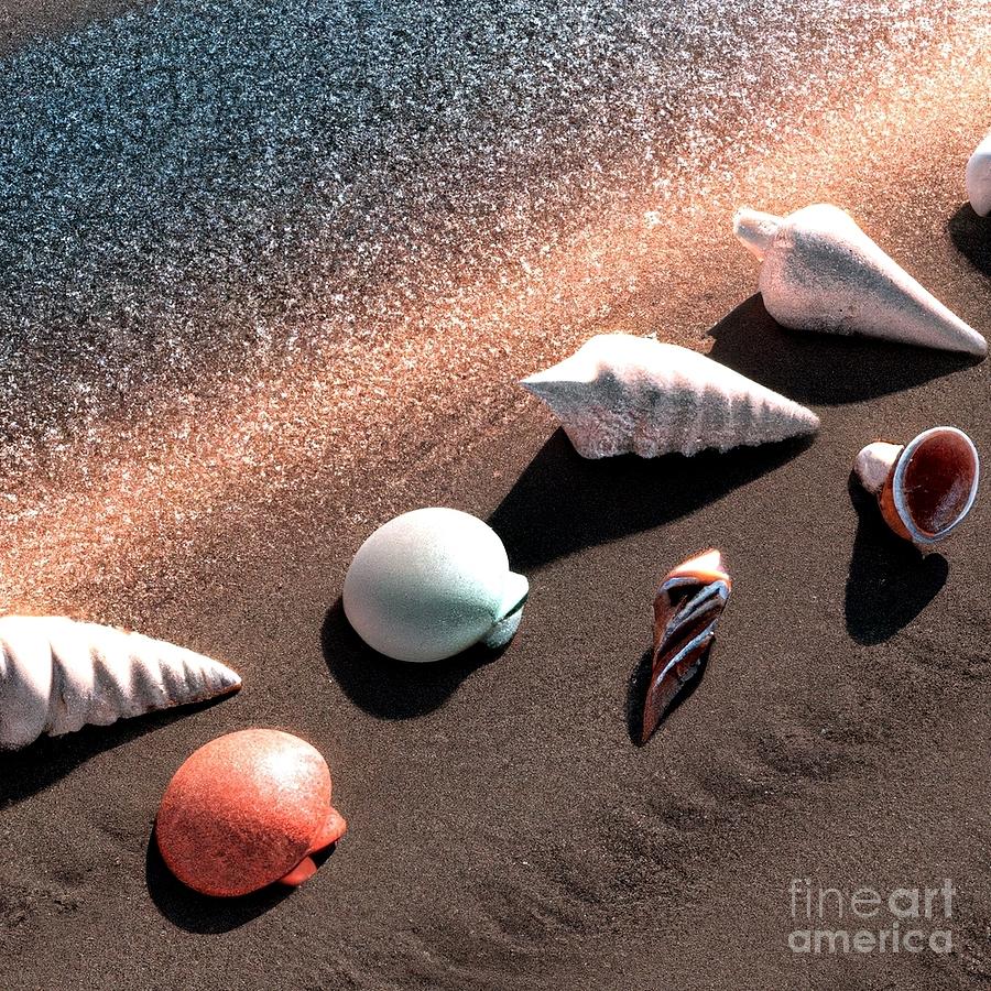 3D Look Artificial Intelligence Seashells on Sand Next to the Ocean 3 Digital Art by Rose Santuci-Sofranko