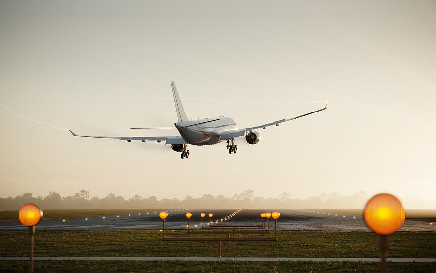 3D render of a passenger airplane landing on runway Photograph by Alvarez