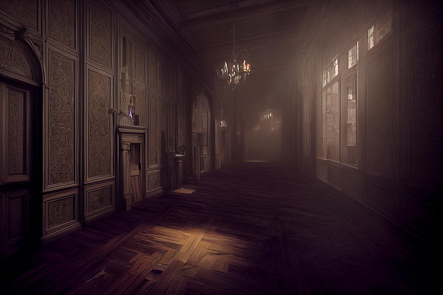 3D Rendering Of Wall Of A Long Corridor Of Victorian Haunted Mansion ...