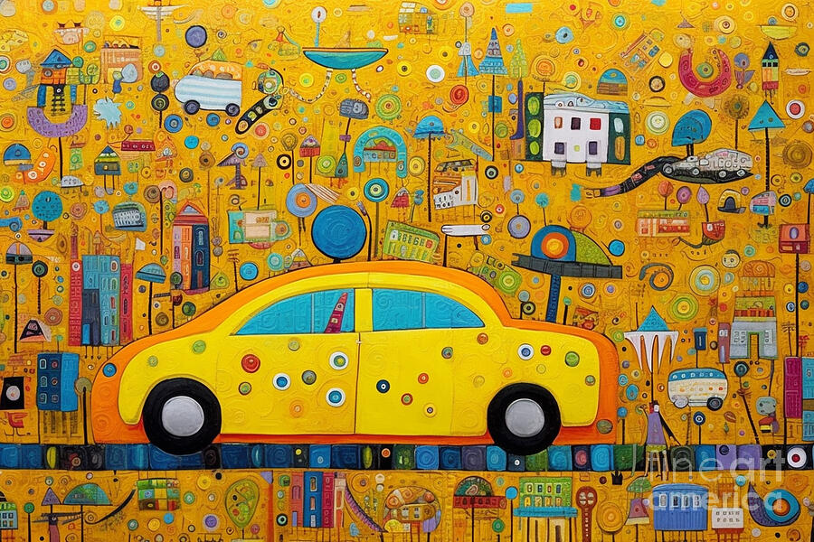 3d Very Bright And Colorful Big Yellow Car Mini By Asar Studios Painting