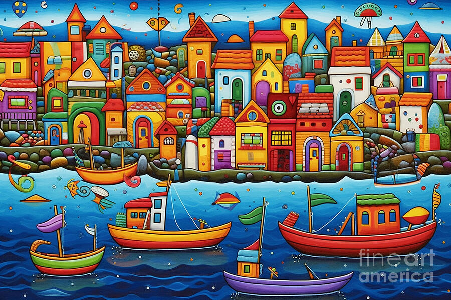 Boat Painting - 3d very bright and colorful fishing boats by Asar Studios by Celestial Images