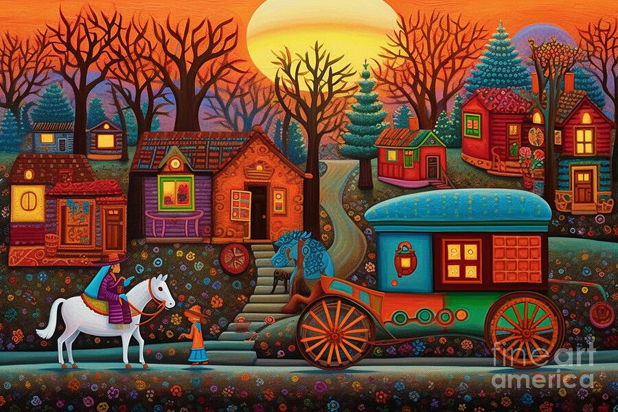Sunset Painting - 3d very bright and colorful lady wagon and old  by Asar Studios by Celestial Images