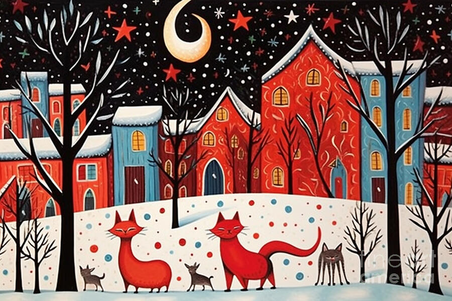 Winter Painting - 3d very bright and colorful red cats and black  by Asar Studios by Celestial Images