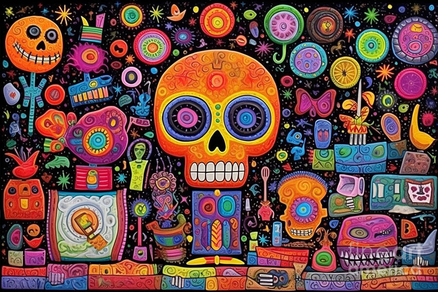 3d very bright and colorful skull and bones by Asar Studios Painting by Celestial Images