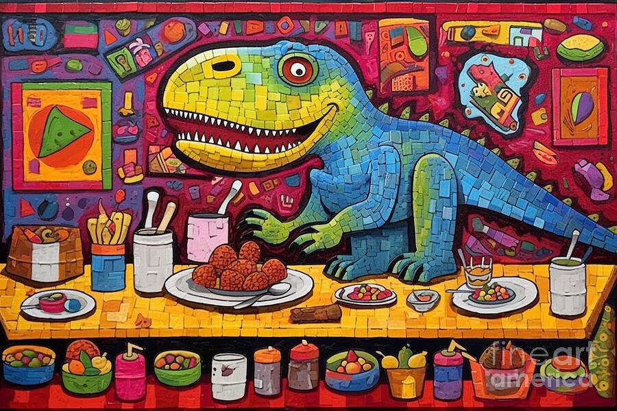 Dinosaur Painting - 3d very bright and colorful Tyrannosaurus Dinos by Asar Studios by Celestial Images