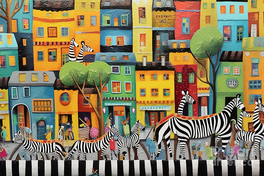 Zebra Painting - 3d very bright and colorful yellow and black by Asar Studios by Celestial Images