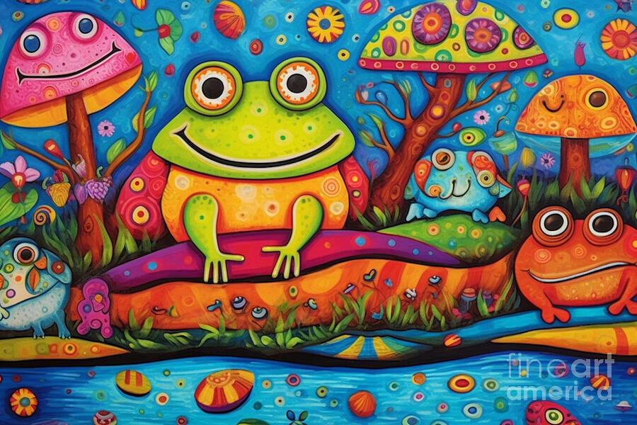 Frog Painting - 3d very bright and colorfulfrogs on patties by Asar Studios by Celestial Images