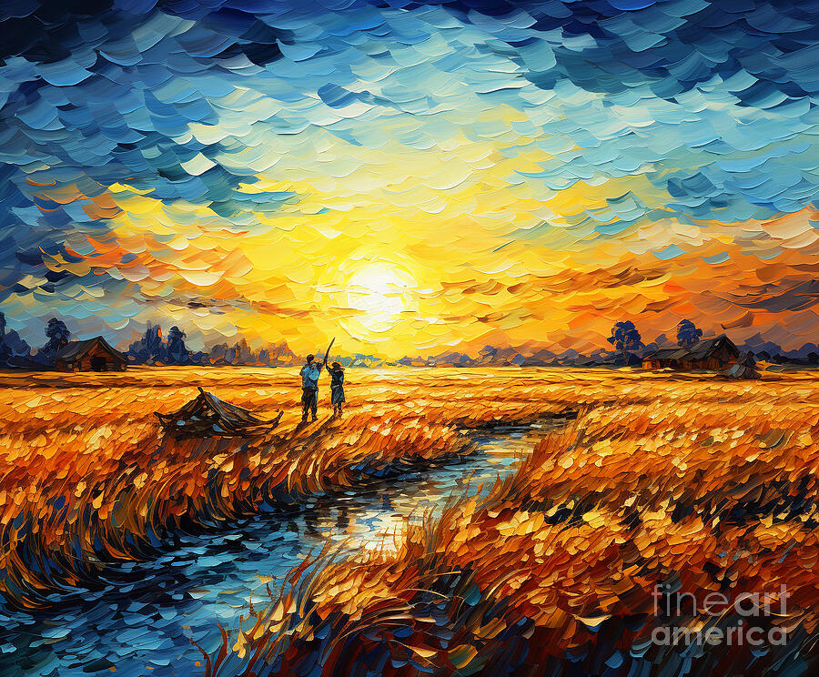 Sunset Painting - 3d women harvesting wheat in a belo field by Asar Studios by Celestial Images